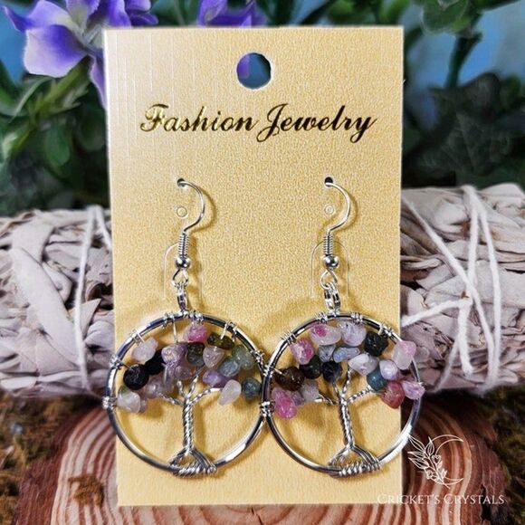 Watermelon Tourmaline Tree of Life Earrings #14 - Picture 1 of 2